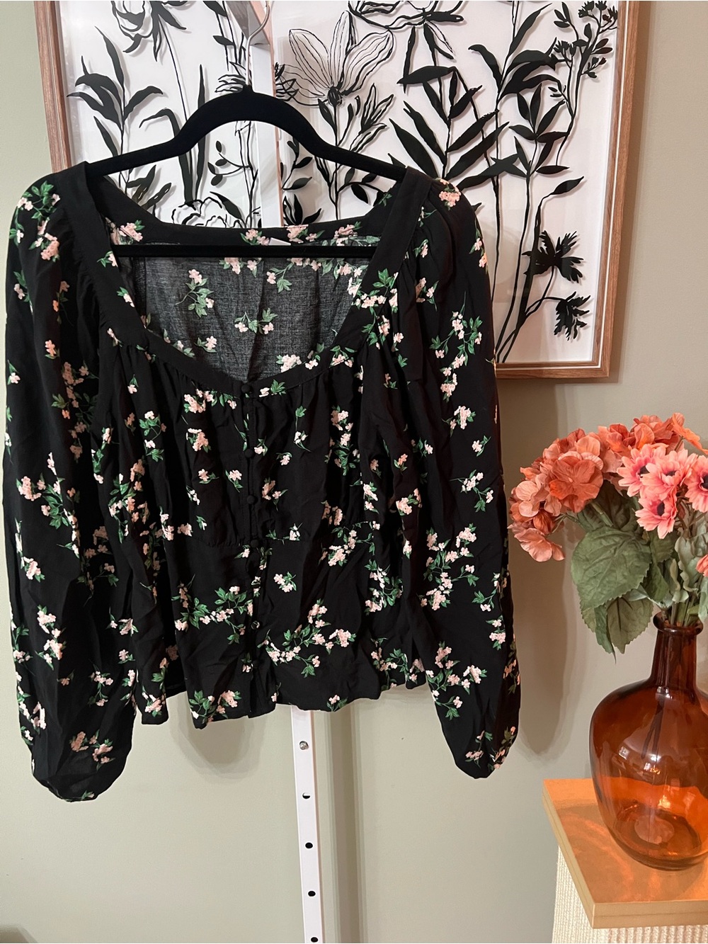 Old Navy Black Floral Print Square Neckline Boho Peasant Blouse Style Medium